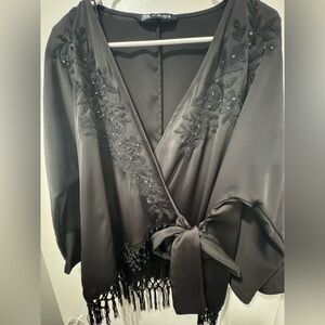 Zara Black Embroidered Wrap Blouse
